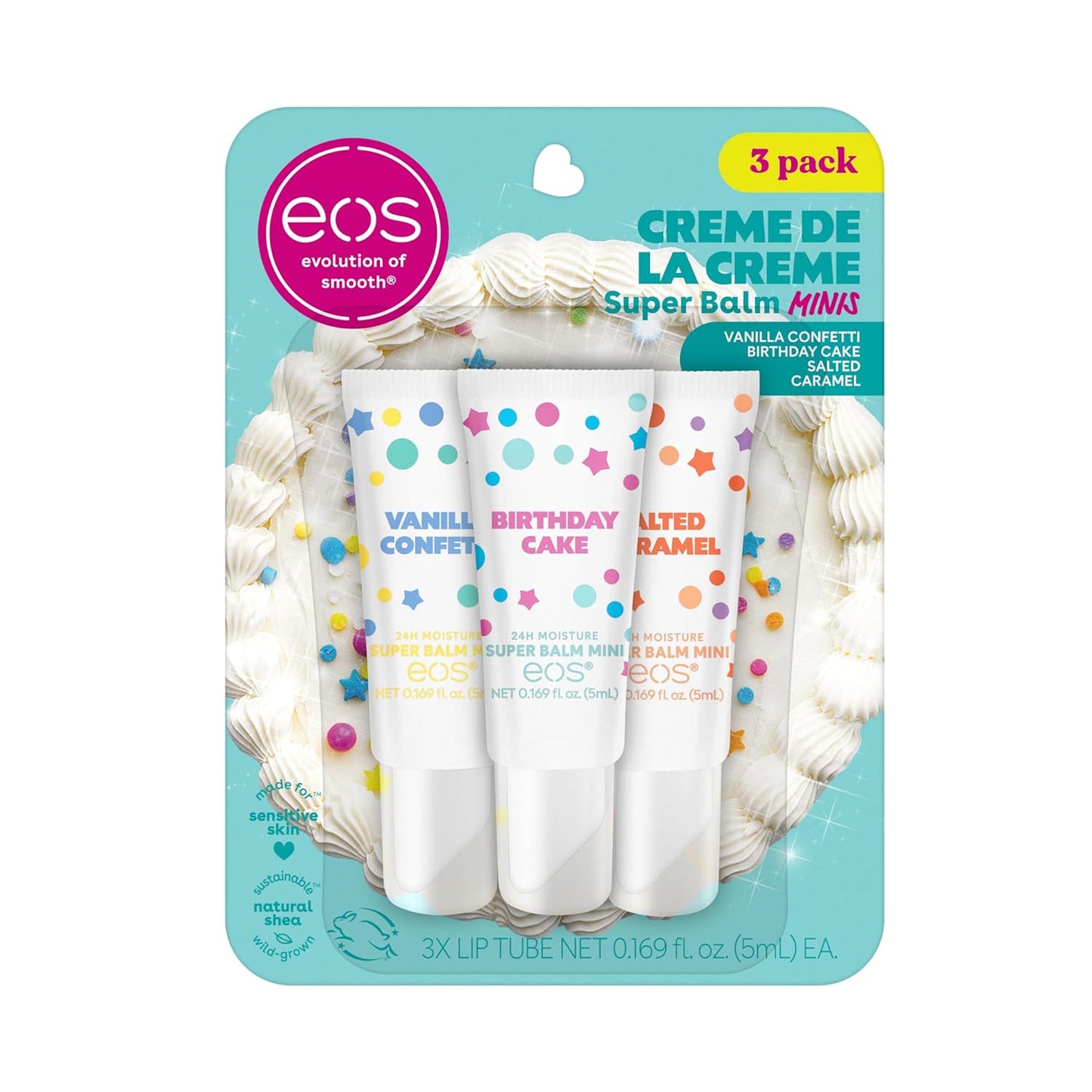 EOS Creme De La Creme Super Balm Minis Vanilla Confetti, Birthday Cake, Salted Caramel, 5ml / 0.169 fl. oz.