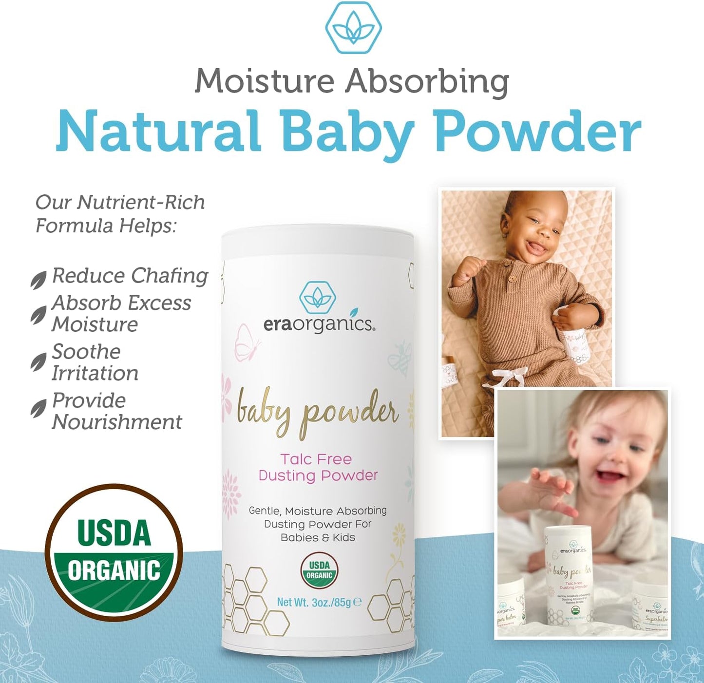 Eraorganics Baby Powder Gentle, Moisture Absorbing Dusting Powder 3 oz / 85g