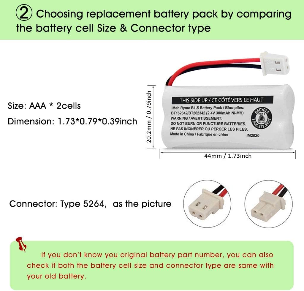 iMah 2.4V 300mAh Ni-MH Cordless Phone Battery (BT162342/BT262342) 2-Pack