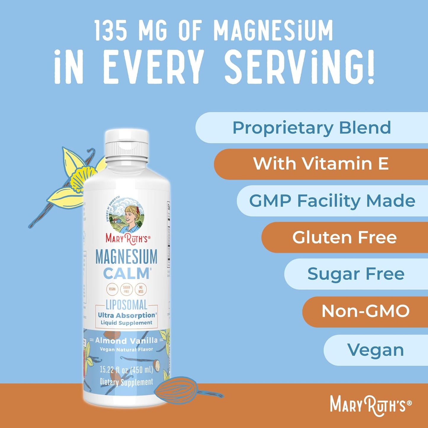 Mary Ruth's Vegan Magnesium Calm Liposomal Liquid Supplement Almond Vanilla, 450 ml / 15.22