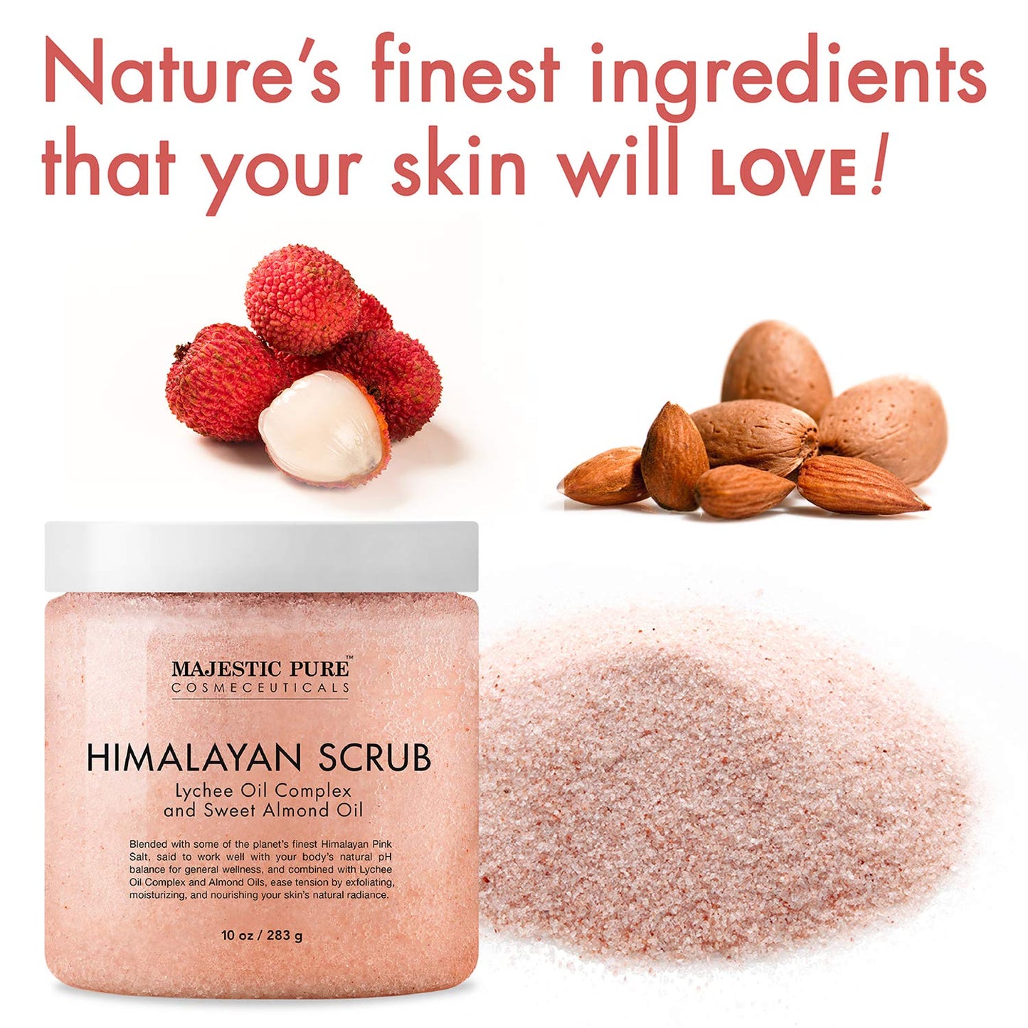 Majestic Pure 100% Pure & Natural Himalayan Salt Scrub with Lychee Fruit Essential Oil & Sweet Almond Oil, 10 oz. / 283g