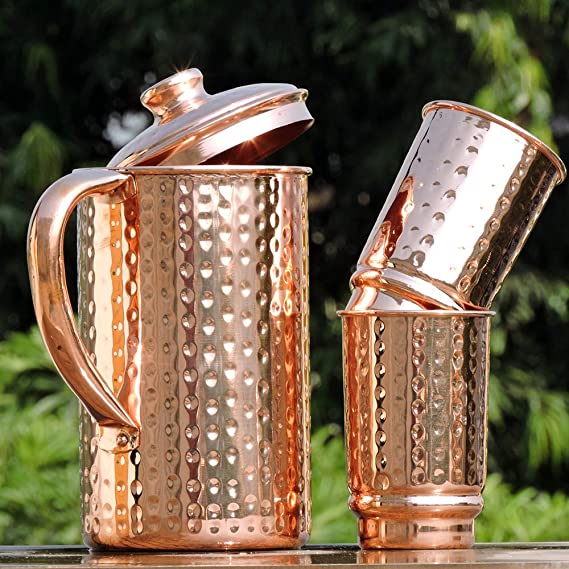 Health Goods In Pure Copper Hammered Water Jug, 2 Hammered Copper Tumblers, Copper Pitcher 1.5 L