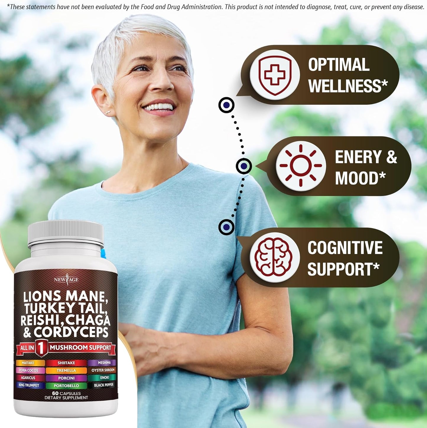 New Age Lions Mane, Turkey Tail, Reishi, Chaga & Cordyceps All in 1 Mushroom Support Supplement 60 Capsules