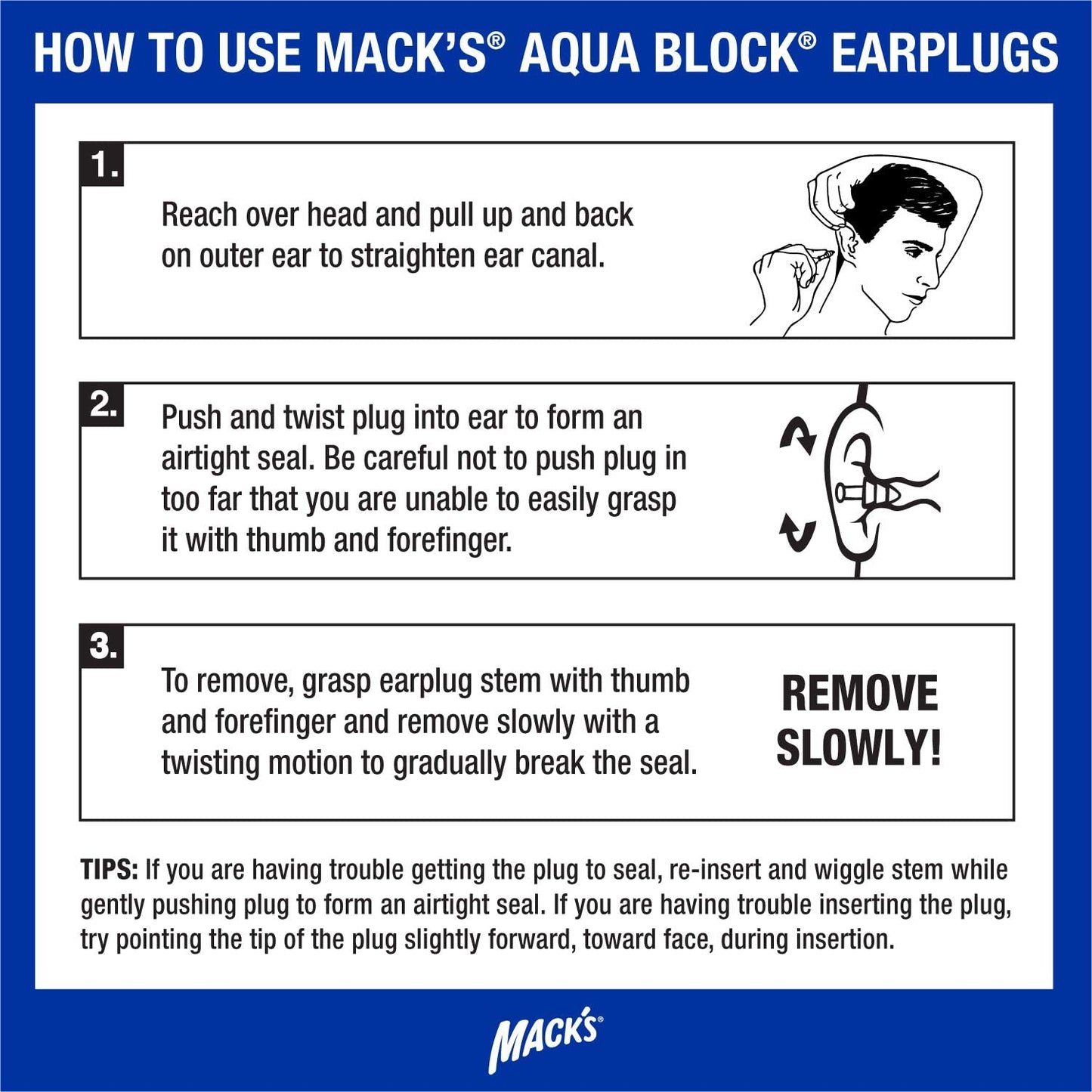 Mack's AquaBlock Swimming Earplugs (Clear) 3 Pairs