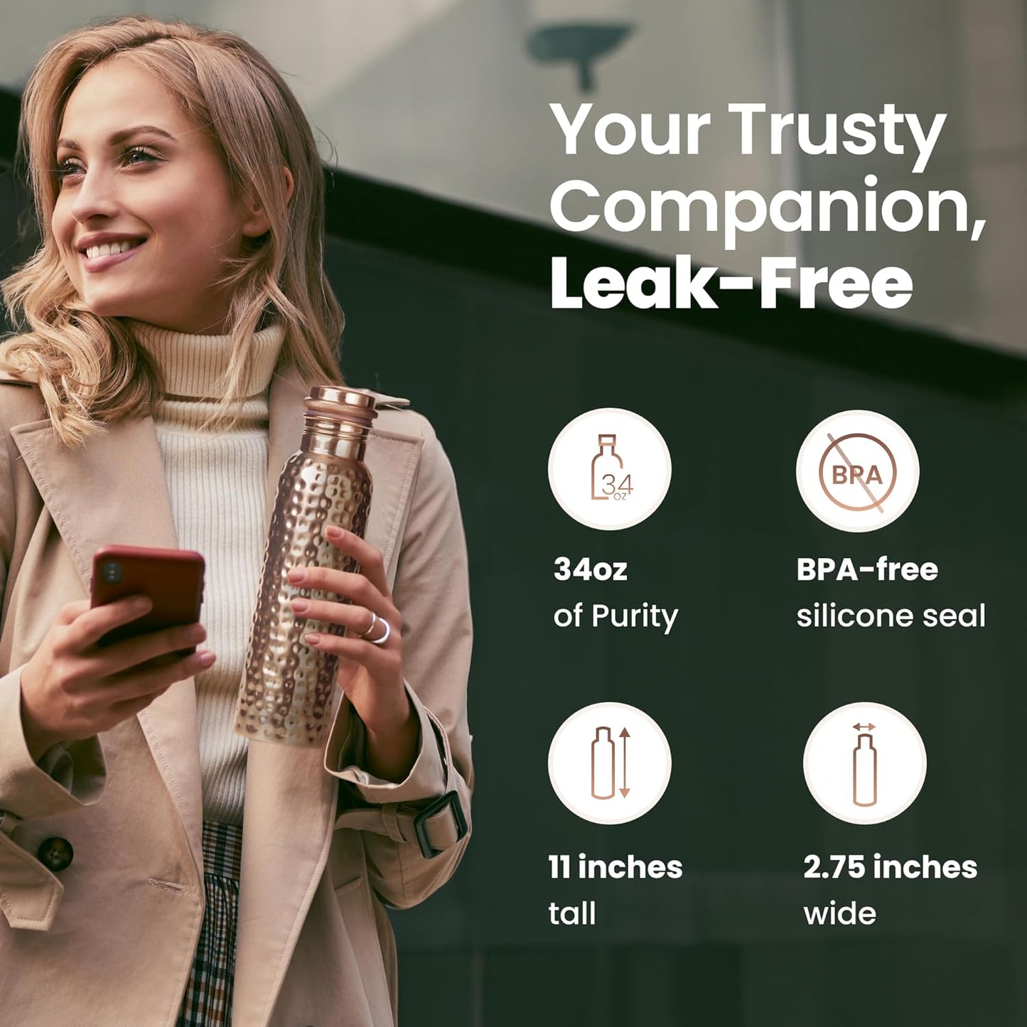 OTIEM Pure Copper Water Bottle Hammered Finish, 34 oz