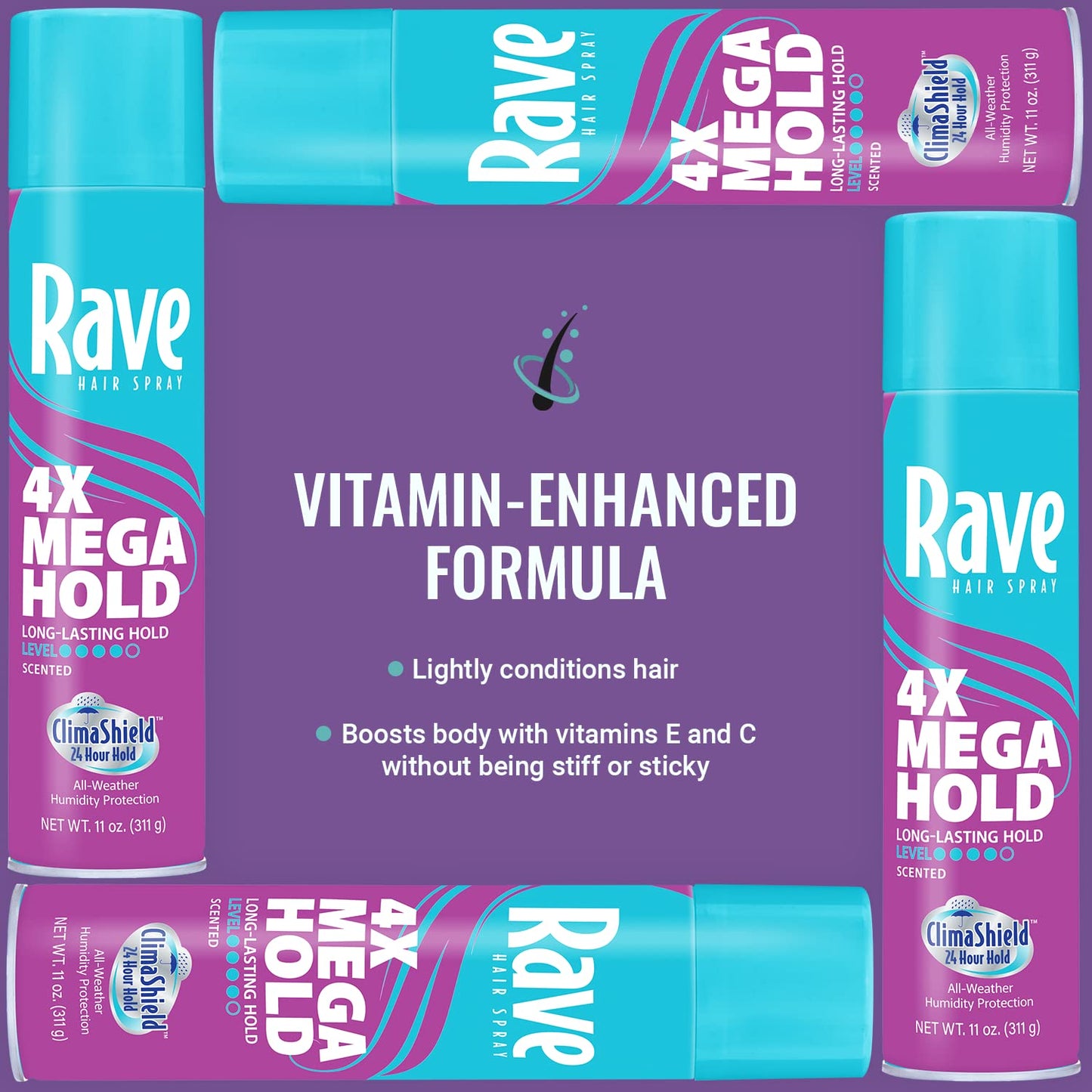 Rave 4X Mega Long - Lasting Firm Hold Scented Hair Spray ClimaShield, 311 g / 11 oz