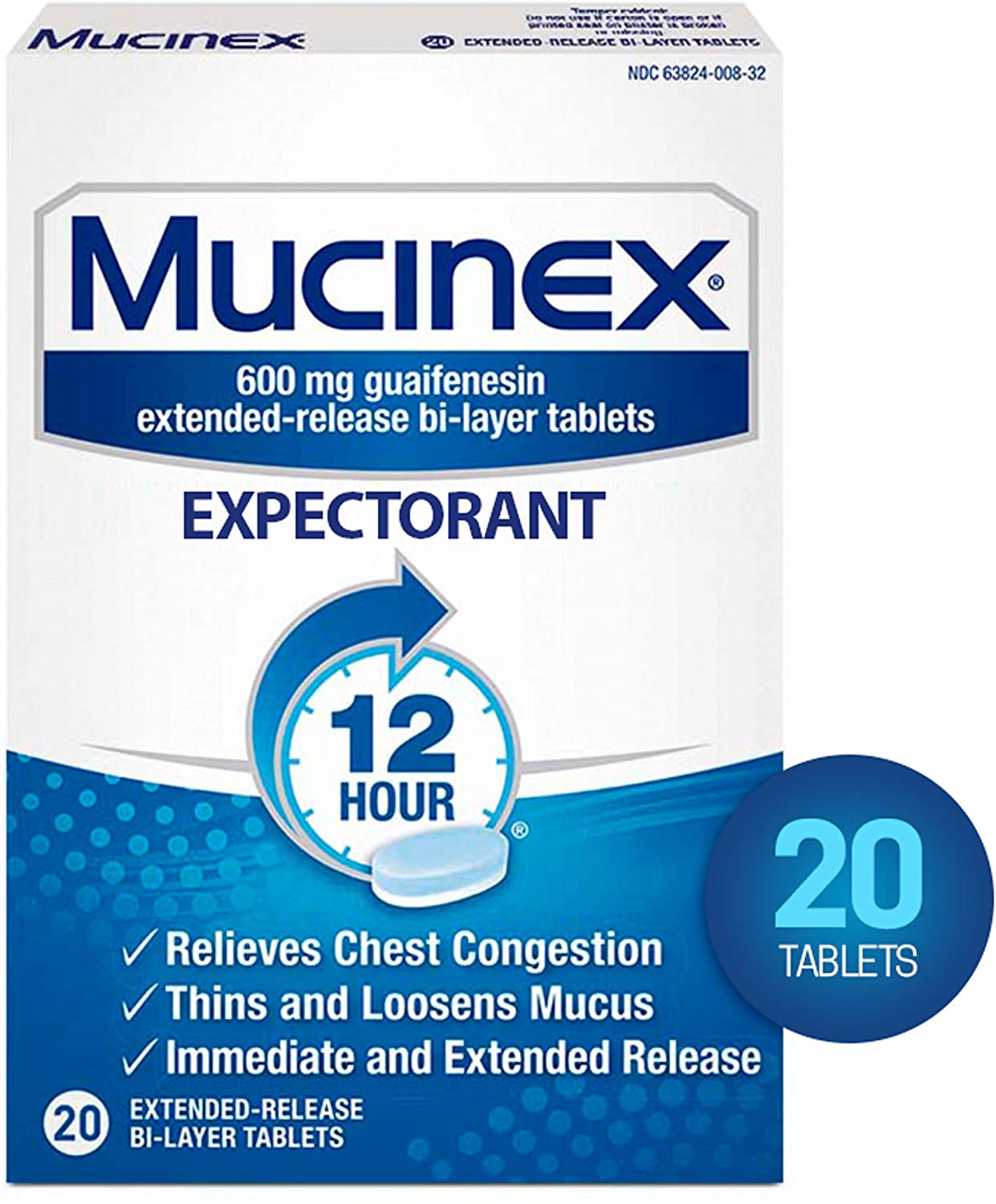 Mucinex 12 Hour Chest-Congestion Relief 600mg Extended Release Bi-Layer 20 Tablets  NO BOX