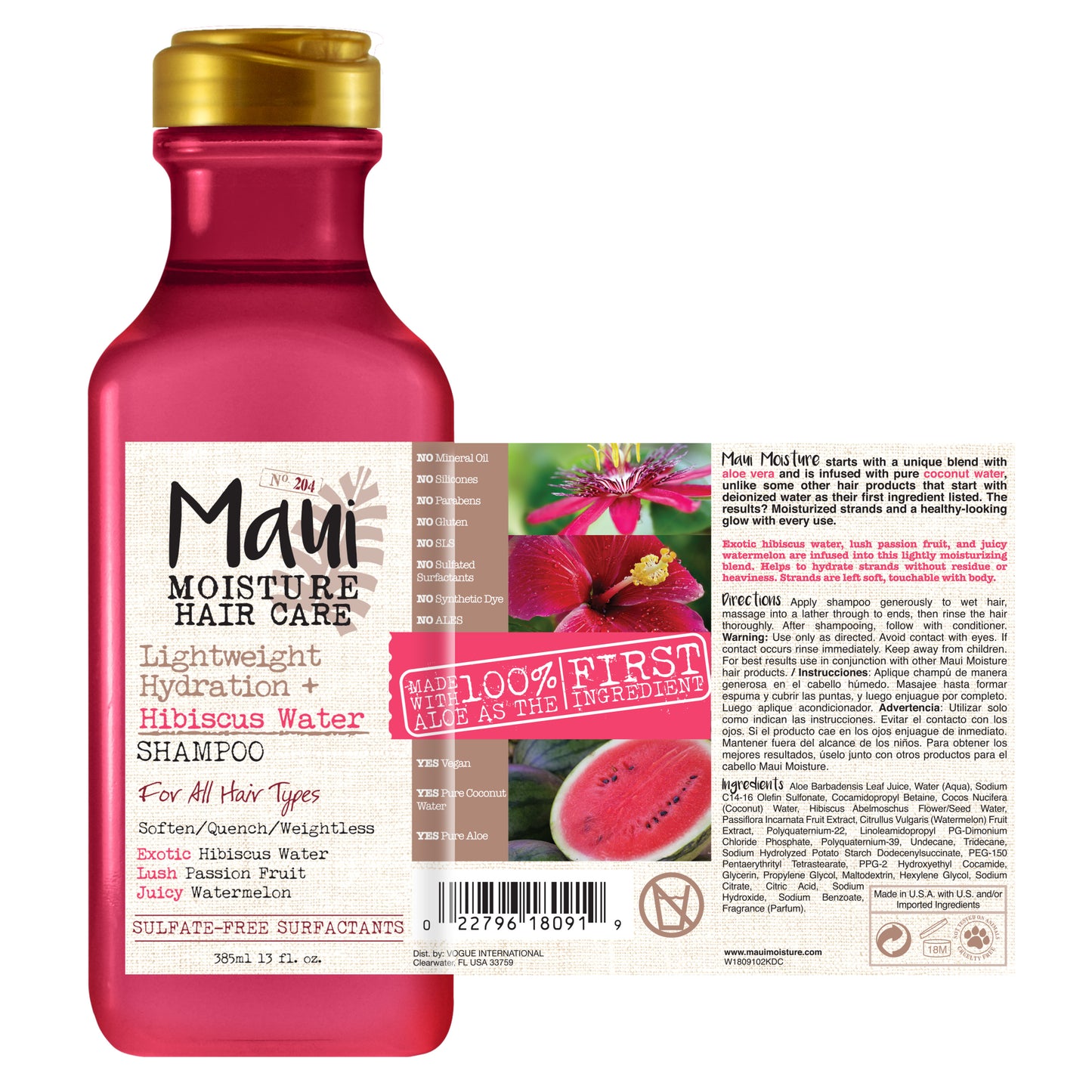 Maui Moisture Hair Care Lightweight Hydration with Hibiscus Water For All Hair Types Shampoo, 385 ml 13fl oz.
