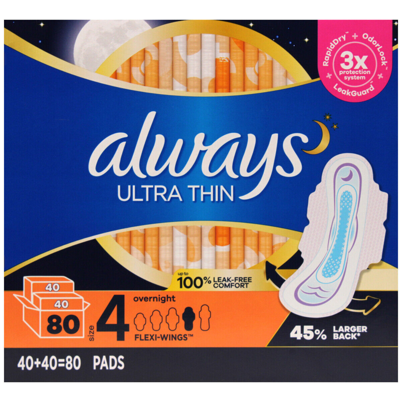 Always Ultra Thin 45% Larger Back Size 4 Overnight Flexi-Wings 80 Pads