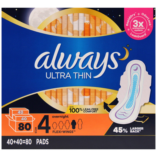 Always Ultra Thin 45% Larger Back Size 4 Overnight Flexi-Wings 80 Pads