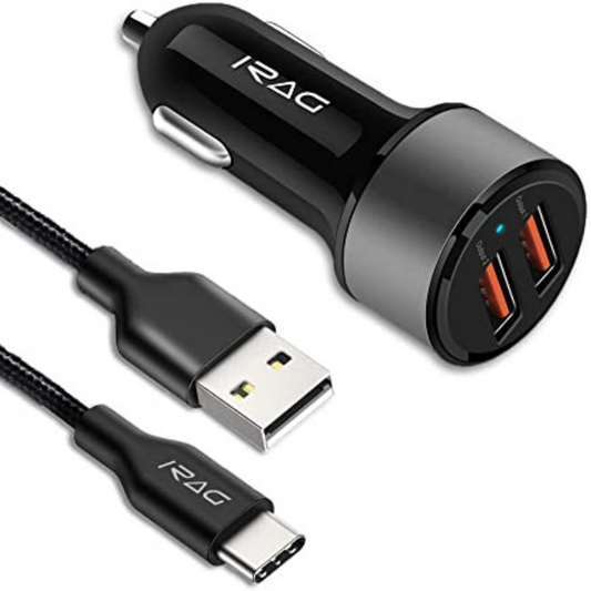 iRAG 36W 2-Port USB Car Charger with 6FT Braided USB Type C to A Fast Charging Cable Cord