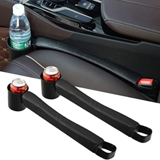 Supin 2 Pieces Car Seat Gap Filler Pad PU Leather Console Side Pocket Organizer and one Cup for Cellphone Wallet Coin Key (Black)