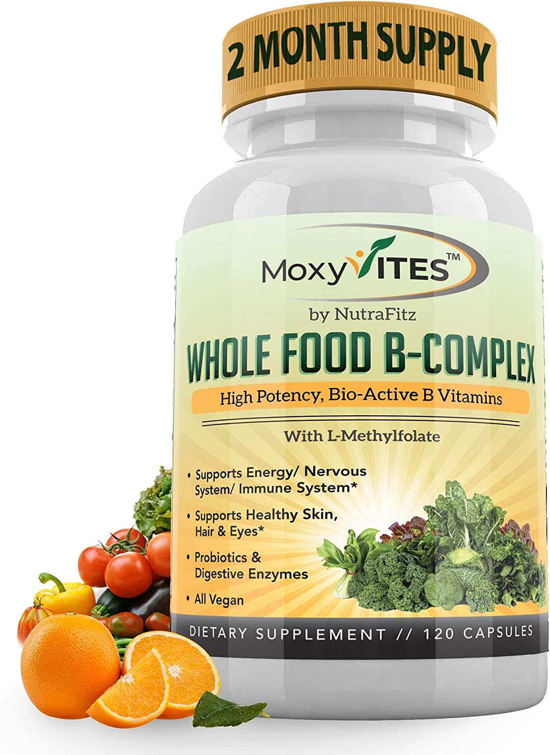 MoxyVites Naturals Whole Food B - Complex High Potency Bio - Active B Vitamins 120 Capsules