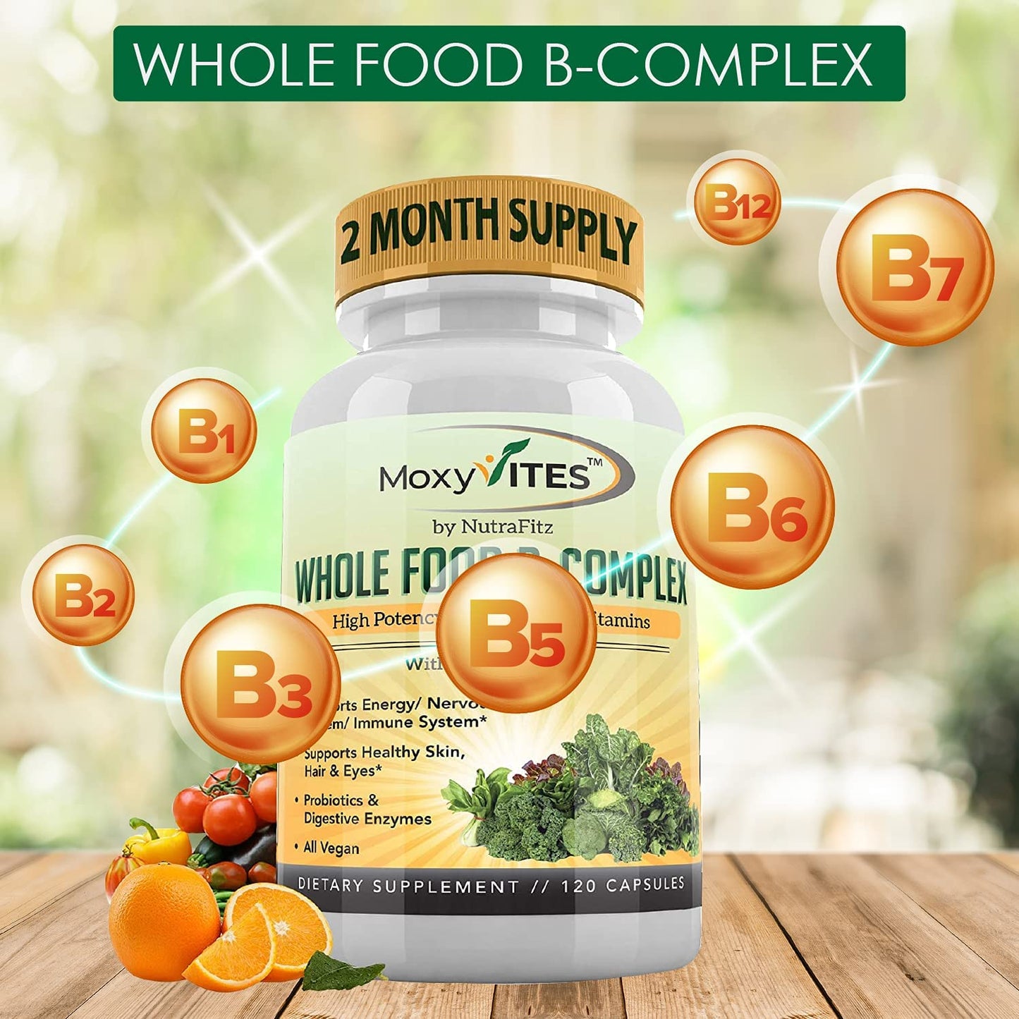 MoxyVites Naturals Whole Food B - Complex High Potency Bio - Active B Vitamins 120 Capsules