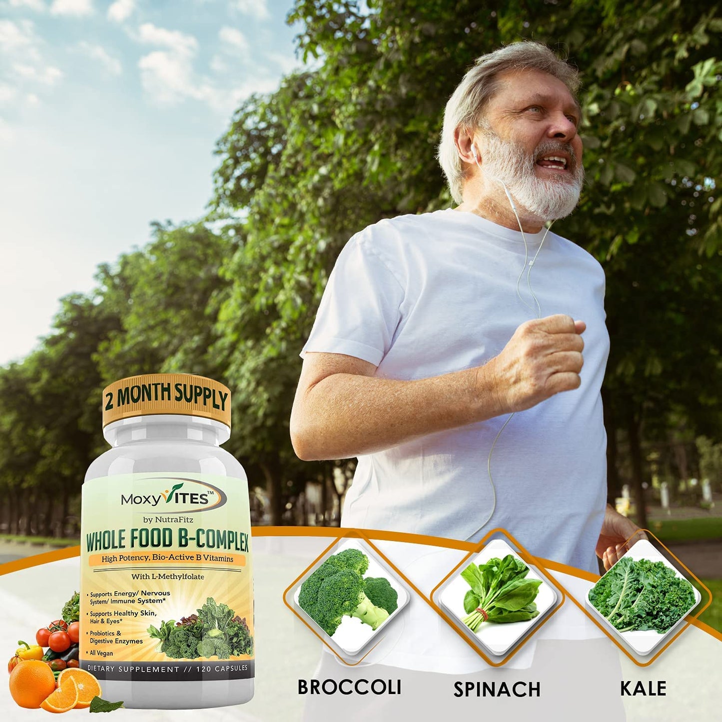 MoxyVites Naturals Whole Food B - Complex High Potency Bio - Active B Vitamins 120 Capsules