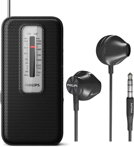 Philips AM FM Portable Pocket Radio Compact Transistor Radios Player With Philips Headphones (Black)