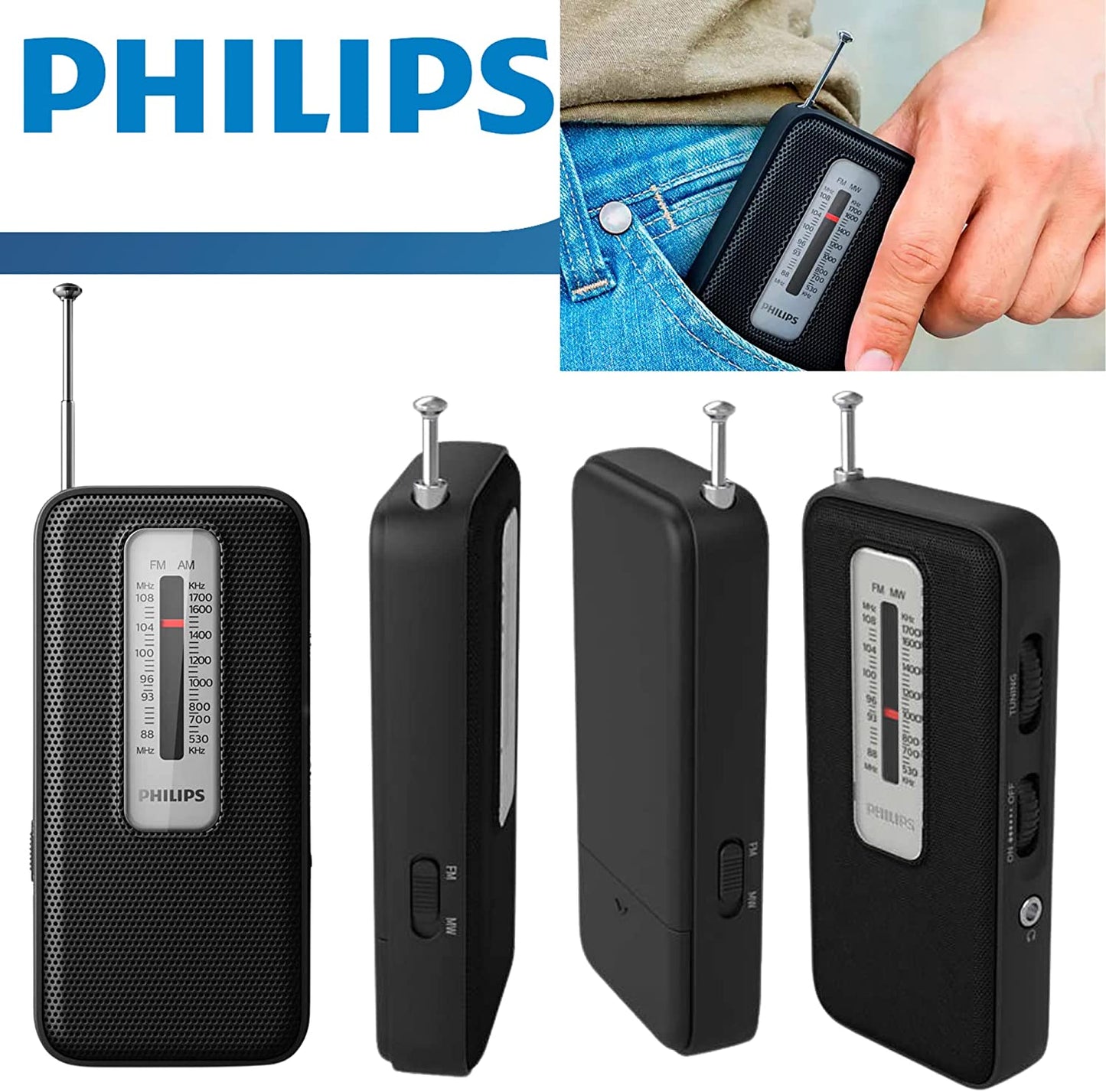 Philips AM FM Portable Pocket Radio Compact Transistor Radios Player With Philips Headphones (Black)
