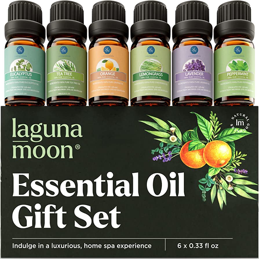 Lagunamoon Pure Essential Oils Top 6 Gift Set Lavender, Orange, Eucalyptus, Lemongrass, Peppermint, Tea Tree (10 mL each) PACKAGING MAY VARY