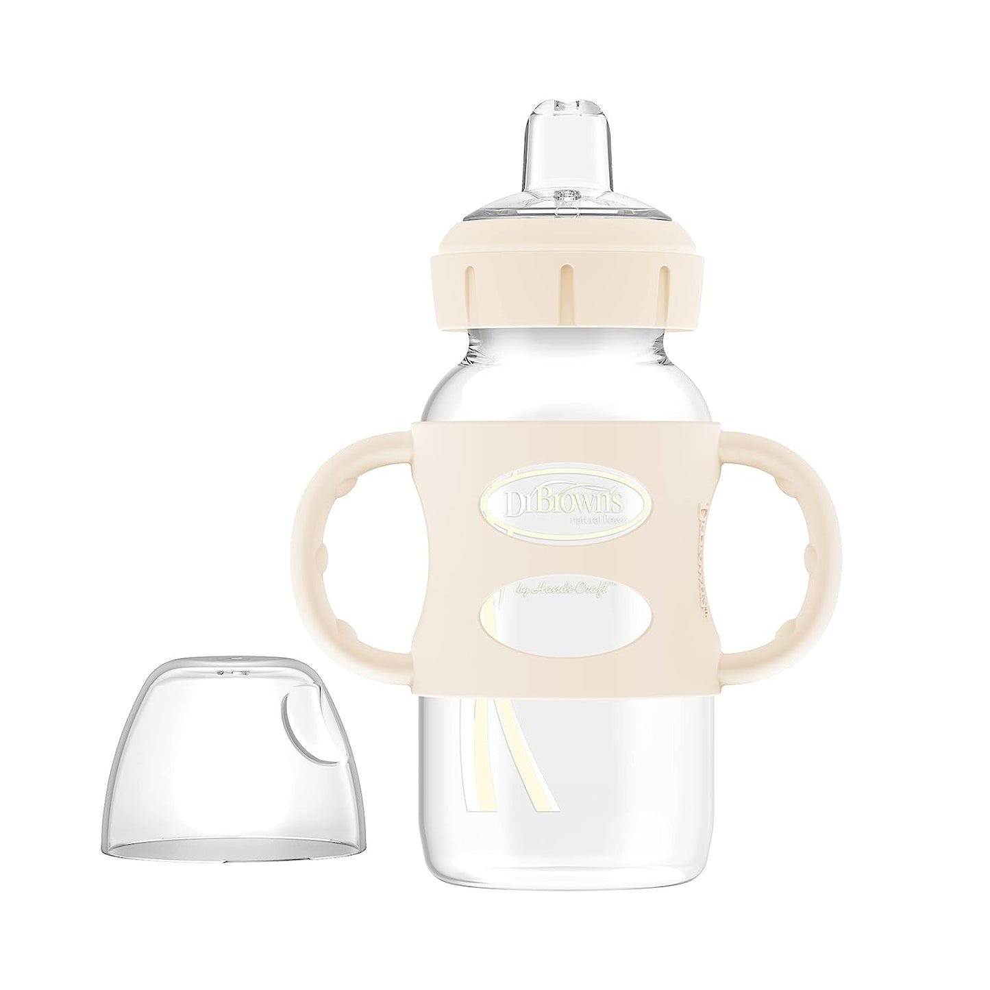 Dr. Brown's Wide Neck Sippy 270ml Bottle 100% Silicone Handles For Baby 6 Months+ 1 Count (Ecru)