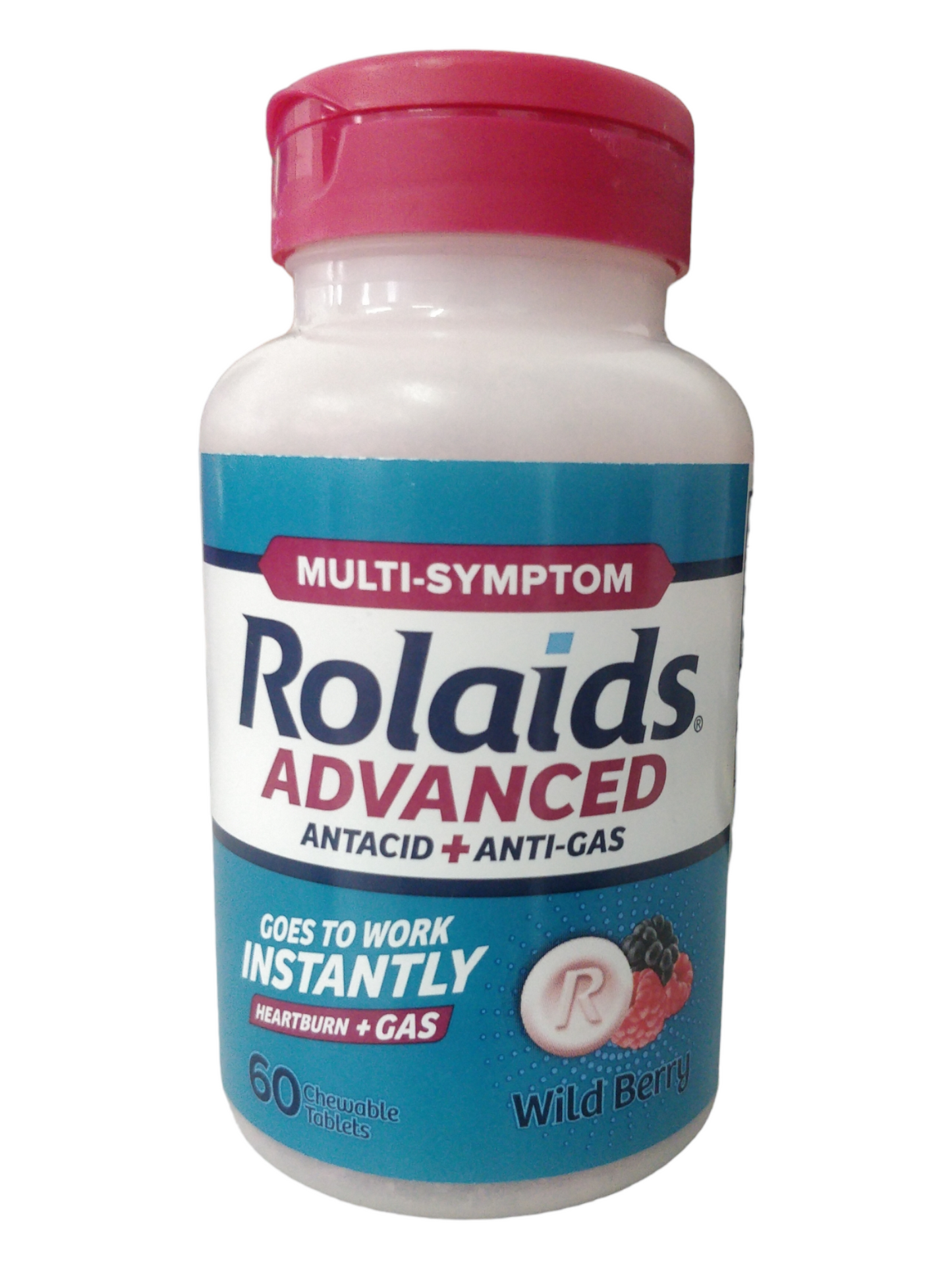 Rolaids Advanced Antacid Plus Anti Gas Chewable Tablets Wild Berry, 60 Count