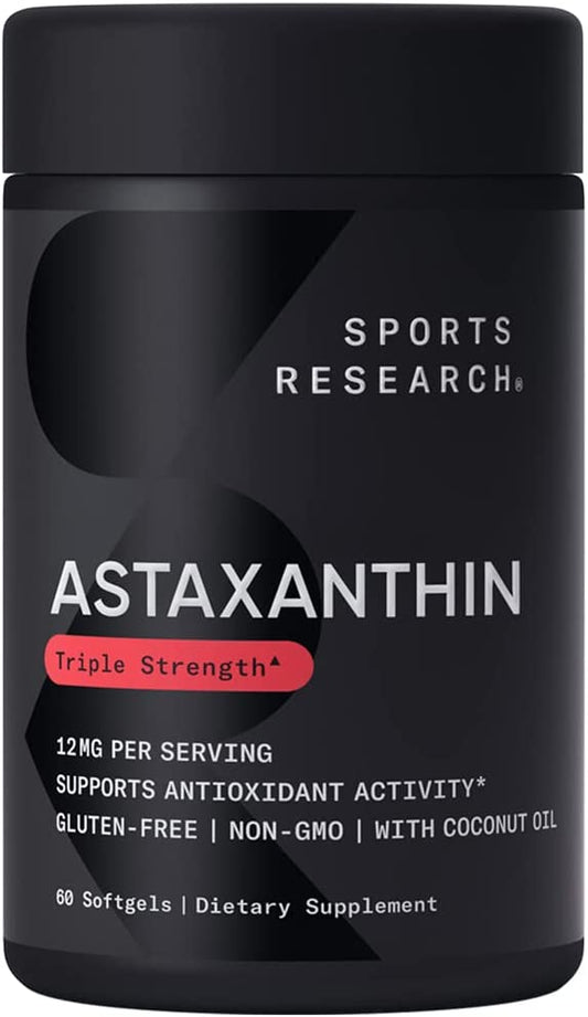 Sports Research Triple Strength Astaxanthin Supplement from Algae w/Organic Coconut Oil - Natural Support for Skin & Eye Health - Non-GMO & Gluten Free - 12mg, 60 Softgels for Adults - 2 Month Supply