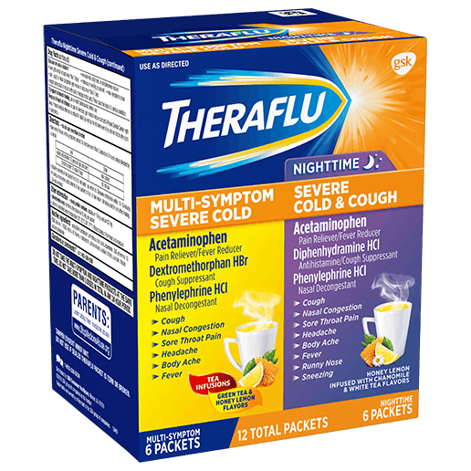 Theraflu Multi-Symptom Severe Cold & Cough Relief Daytime & Nighttime Powder Tea Infusions, Honey Lemon Flavor, 12 Total Packets