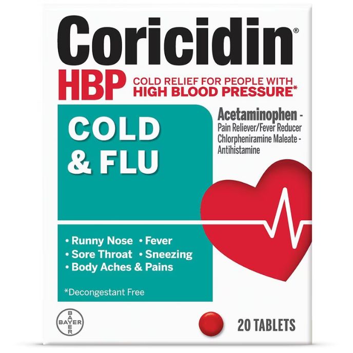 Coricidin HBP Cold & Flu Medicine for Hypertensives, 20 Tablets