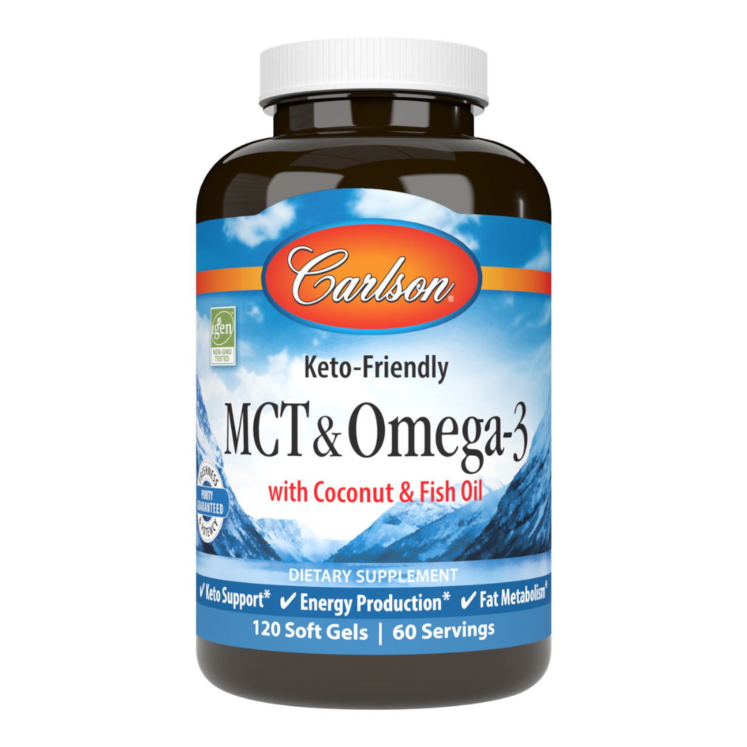 Carlson MCT & Omega-3, Coconut Oil, Caprylic & Capric Acids, EPA & DHA, Energy Production, Fat Metabolism & Brain Health, 120 Softgels