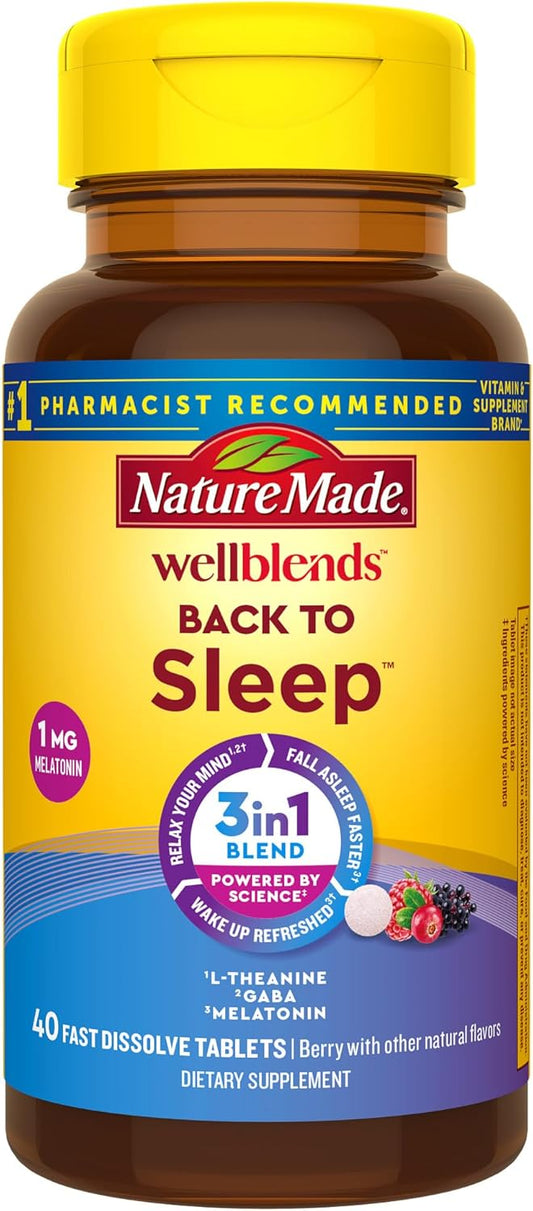 Nature Made WellBlends Back To Sleep 1mg Melatonin 3 in 1 Blend Berry Flavor, 40 Tablets