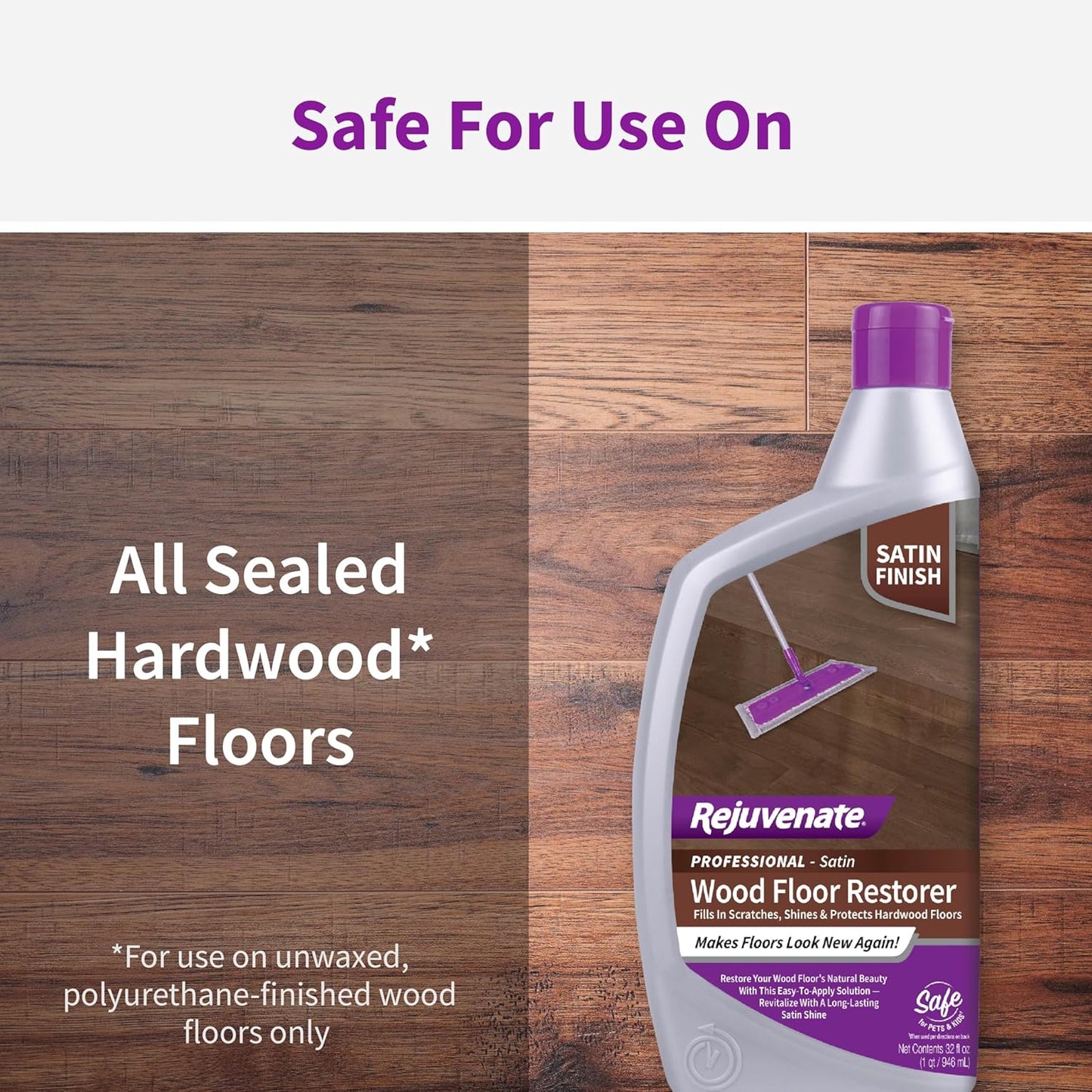 Rejuvenate Professional Wood Floor Restorer and Polish with Durable Finish Easy Mop On Application Satin Finish, 32oz