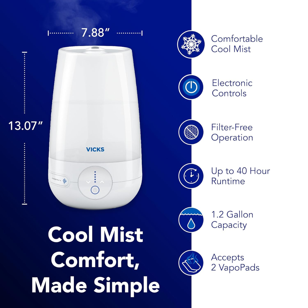 Vicks Filter Free Plus Cool Mist Humidifier for Medium Size Room, 1.2 Gallon Capacity (VUL565)