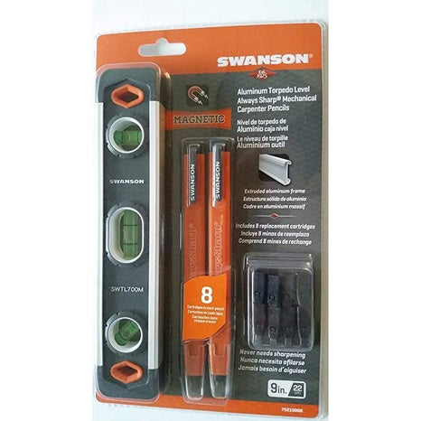 Swanson Tool 9-inch Torpedo Level With Two Pencil and 8 Replacement Cartridge