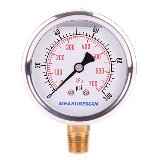 MEASUREMAN 2-1/2" Dial Size, Glycerin Filled Pressure Gauge Stainless Steel Case 1/4" NPT