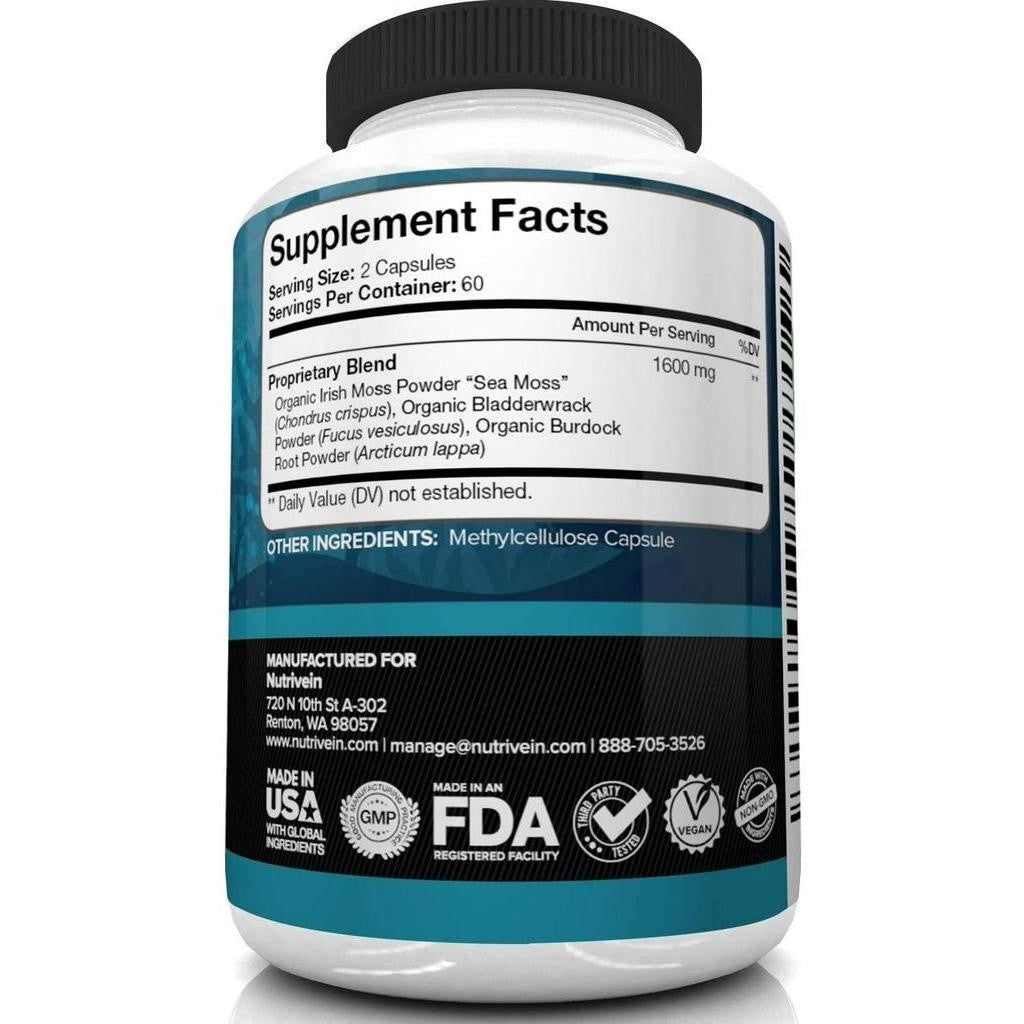 Nutrivein Organic Sea Moss 1600mg Supplement 120 Vegetable Capsules