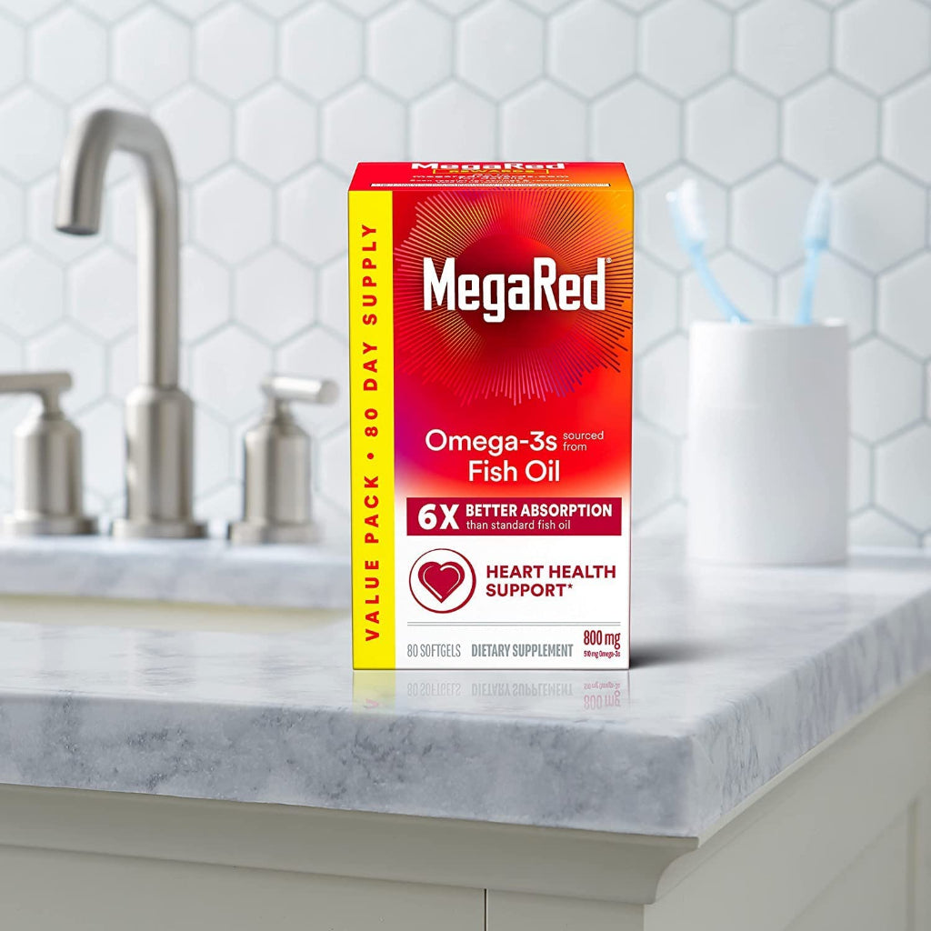 MegaRed Omega-3s Fish Oil Heart Health Support Dietary Supplement 800mg 80 Softgels