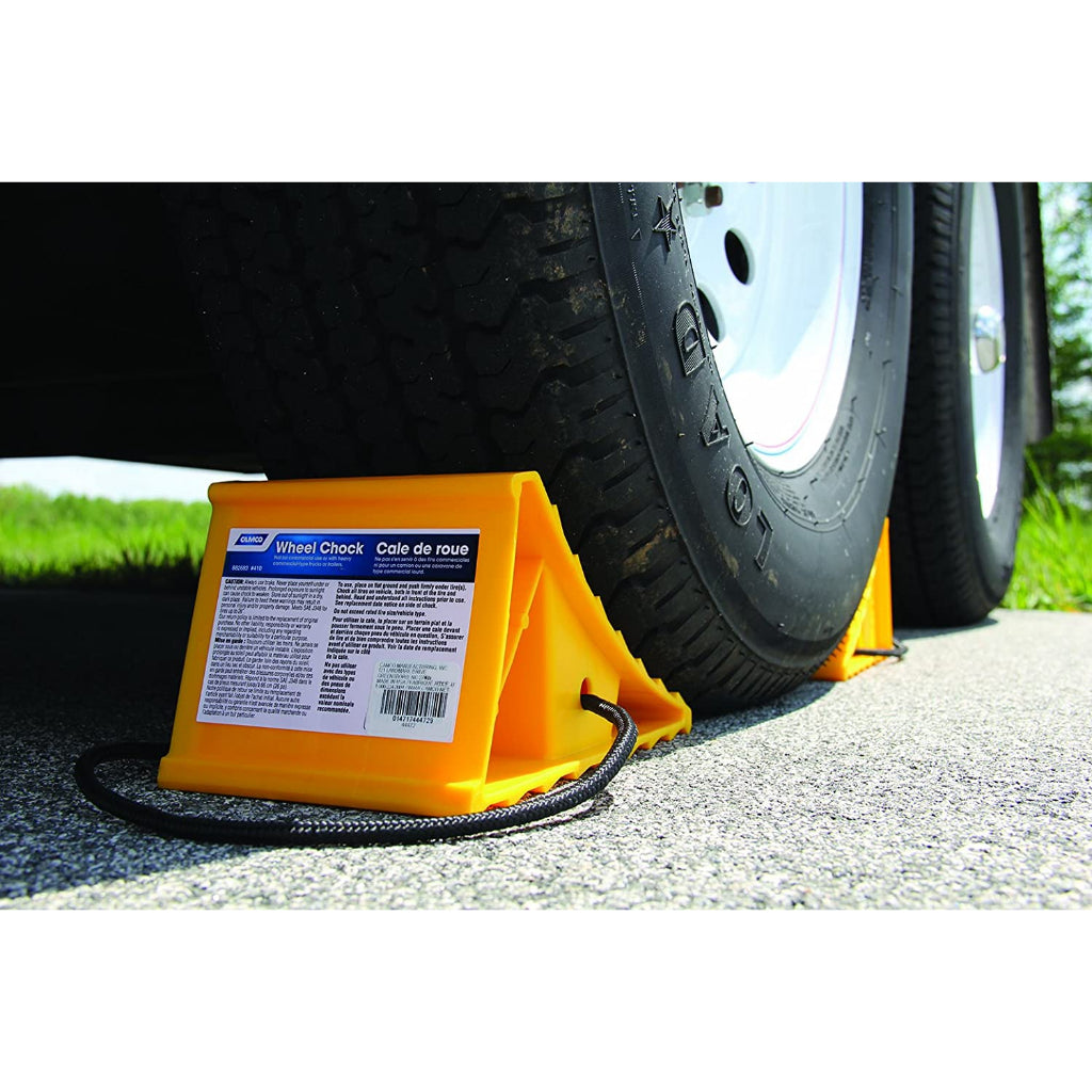 Camco Wheel Chock With Rope For Easy Removal Helps Keep Your Trailer In Place Pack of 2 - 44471