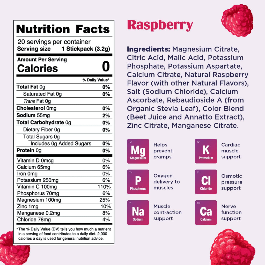 Ultima Replenisher Electrolyte Mix Natural Raspberry Flavor 20 Stickpacks 2.3 Oz / 64g