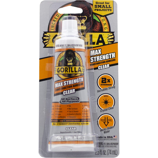 Gorilla Max Strength Construction Adhesive Clear 2x Incredibly Strong | 2.5 fl oz