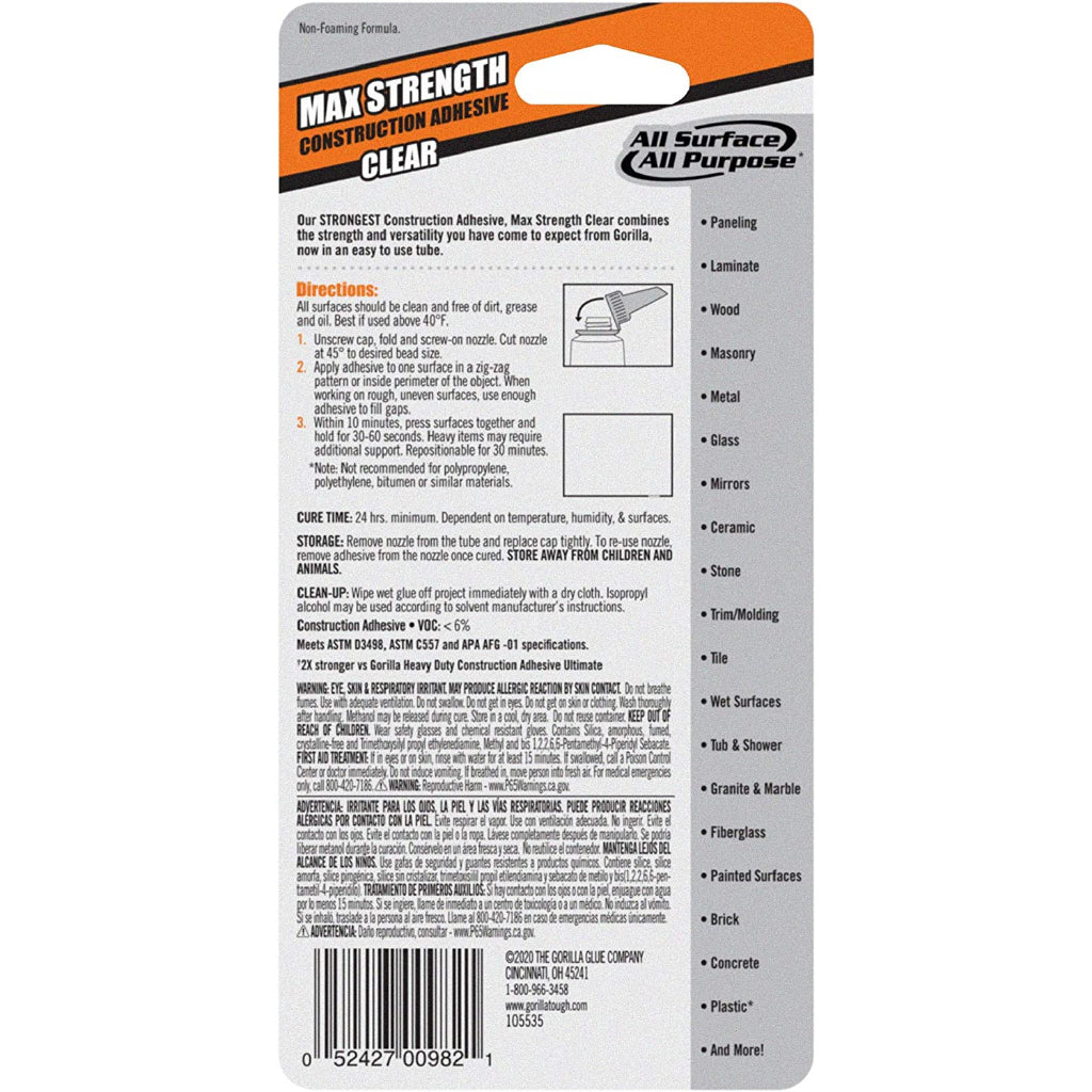 Gorilla Max Strength Construction Adhesive Clear 2x Incredibly Strong | 2.5 fl oz