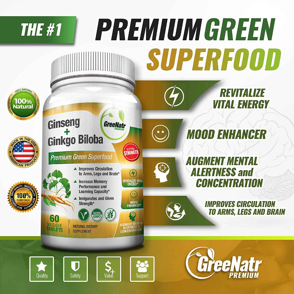 GreeNatr Ginseng + Ginkgo Biloba Premium Green Superfood 60 Veggie Tablets