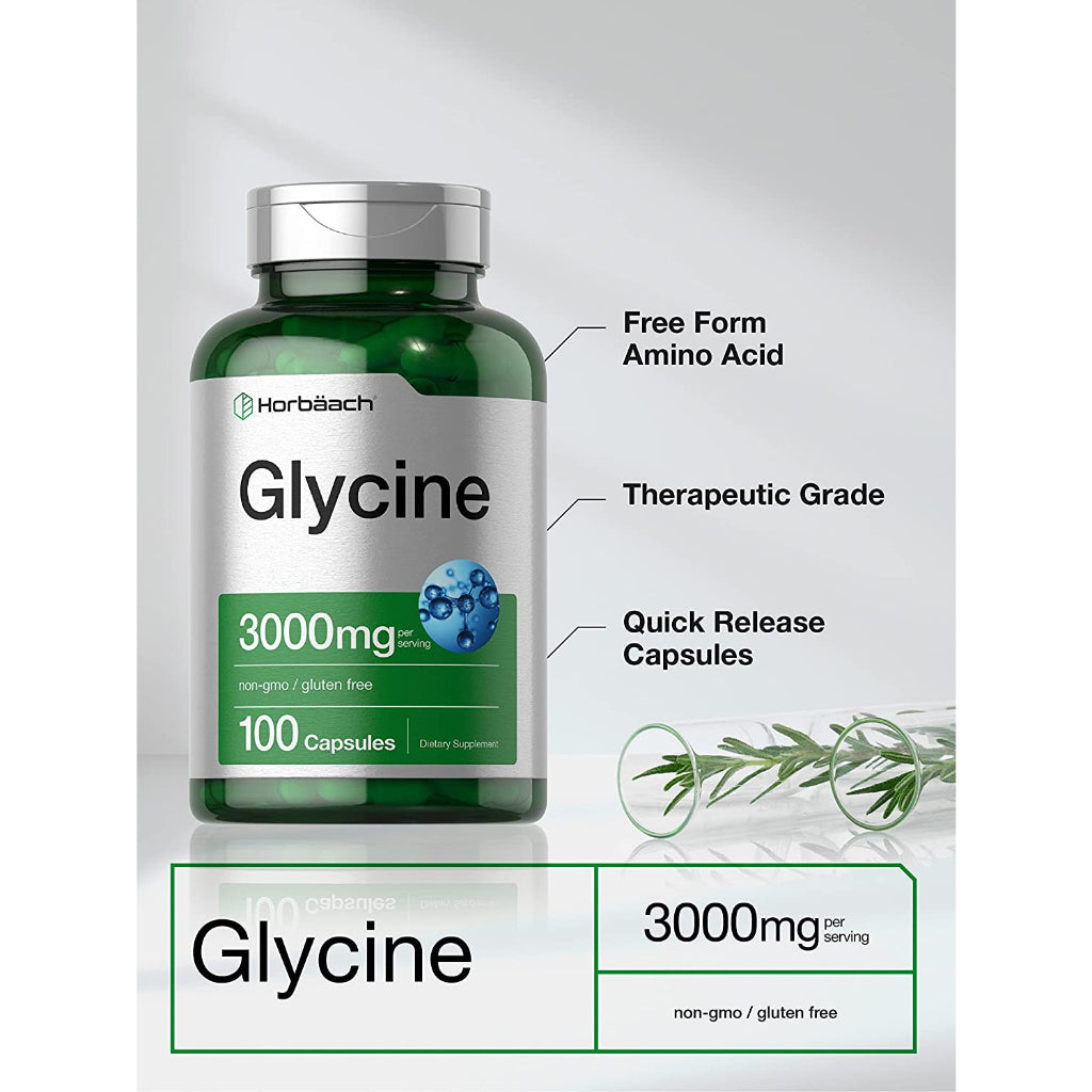 Horbaach Glycine 3000mg Non-Gmo Gluten Free Glycine Supplement 100 Capsules