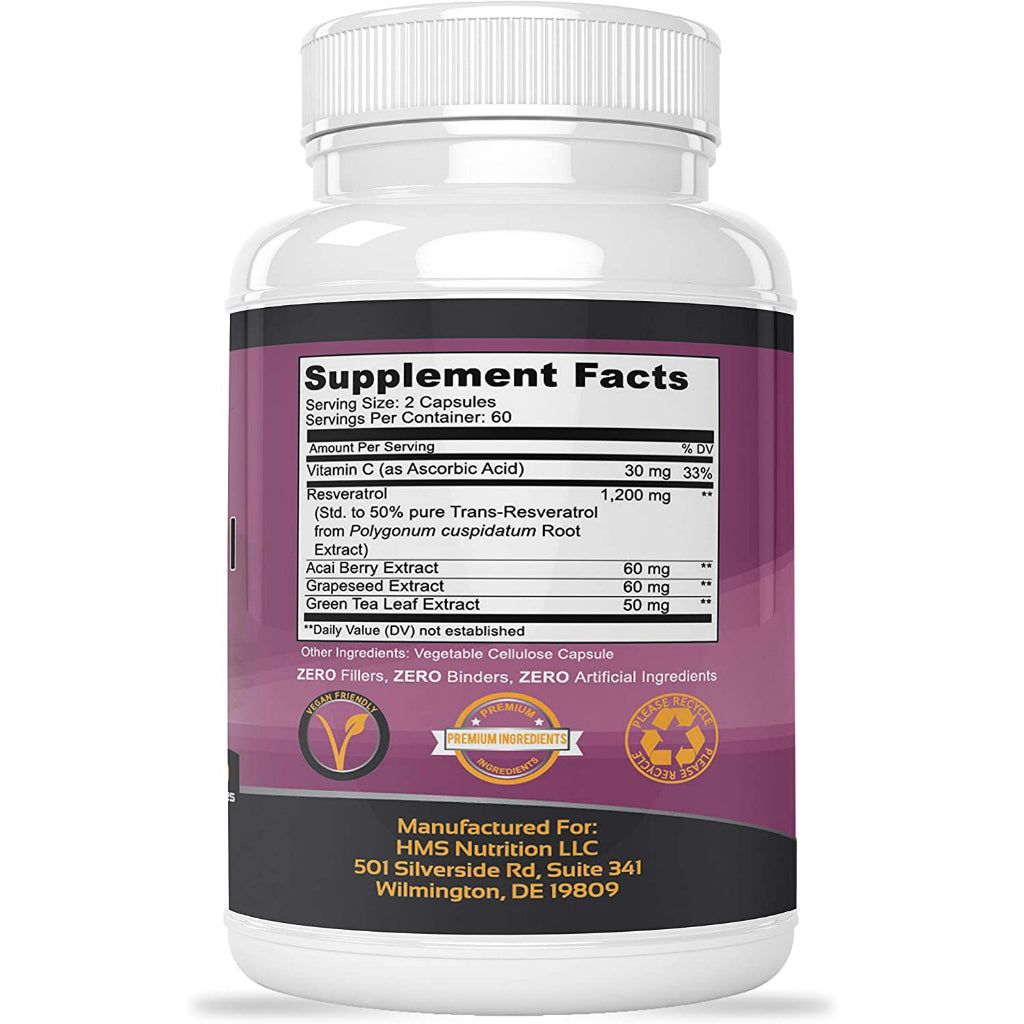 HMS Nutrition Resveratrol Health Anti-Aging Dietary Supplement 120 Capsules
