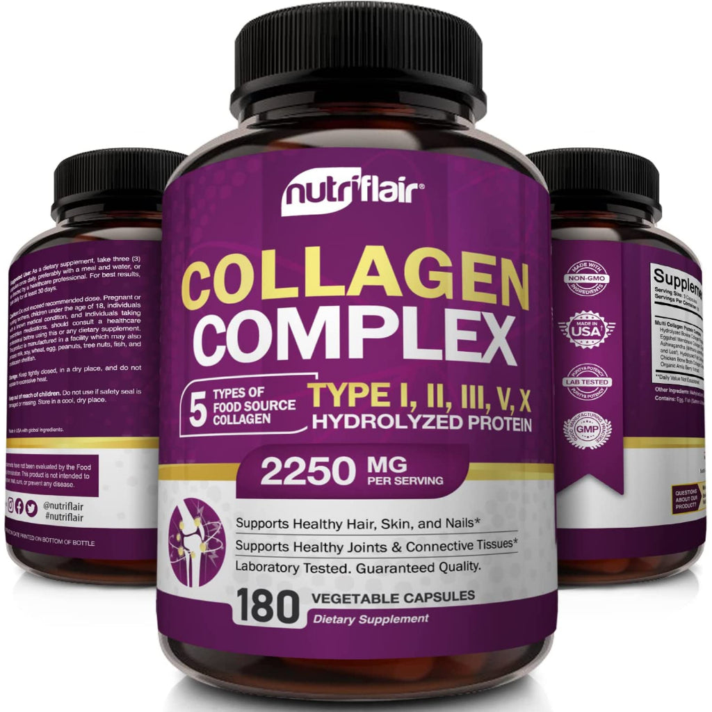 Nutriflair Collagen Complex Hydrolyzed Protein Multi Collagen Peptides 180 Vegetable Capsules