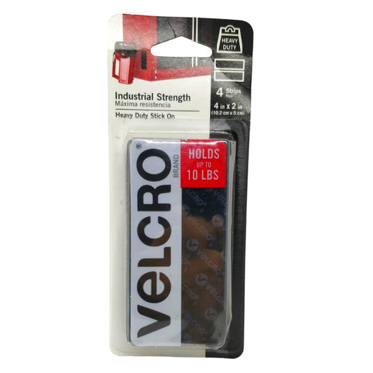 Velcro Industrial Strength Heavy Duty Stick On Holds Up To 10lbs 4 x 2 Inch Black - 4 Strips