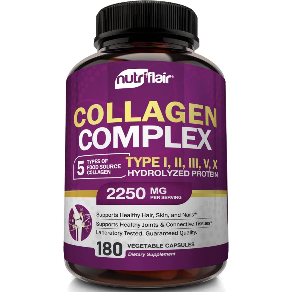 Nutriflair Collagen Complex Hydrolyzed Protein Multi Collagen Peptides 180 Vegetable Capsules