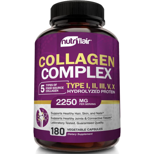 Nutriflair Collagen Complex Hydrolyzed Protein Multi Collagen Peptides 180 Vegetable Capsules