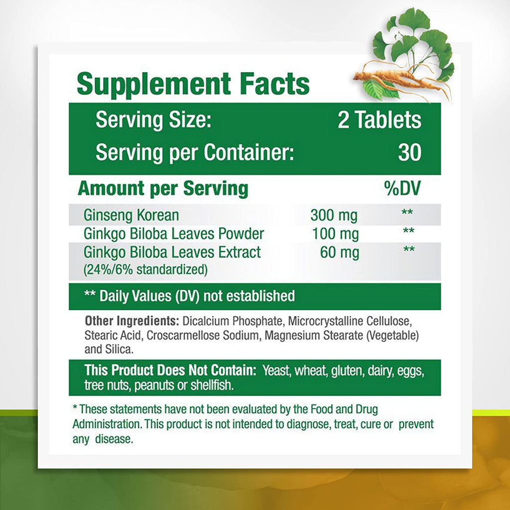 GreeNatr Ginseng + Ginkgo Biloba Premium Green Superfood 60 Veggie Tablets