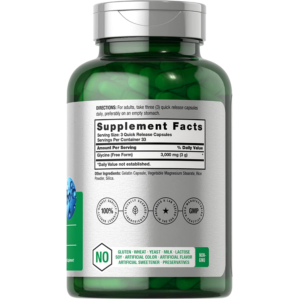 Horbaach Glycine 3000mg Non-Gmo Gluten Free Glycine Supplement 100 Capsules