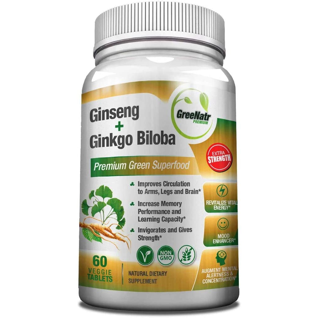 GreeNatr Ginseng + Ginkgo Biloba Premium Green Superfood 60 Veggie Tablets