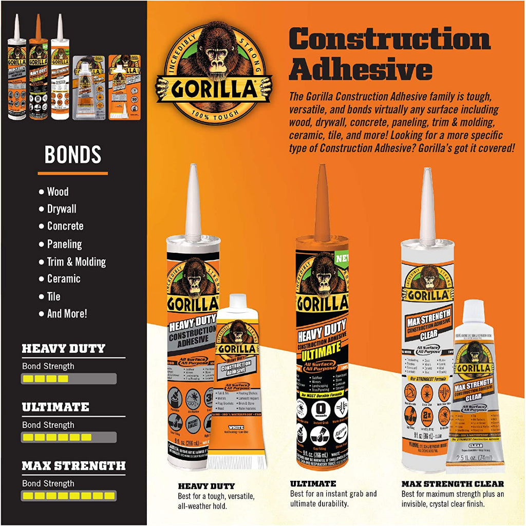 Gorilla Max Strength Construction Adhesive Clear 2x Incredibly Strong | 2.5 fl oz